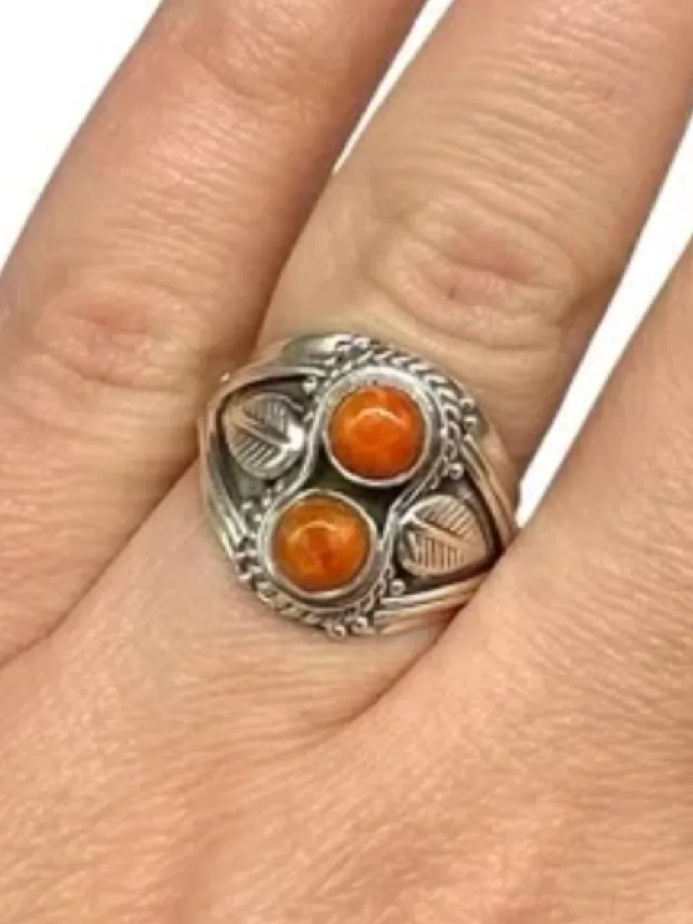 Solid 925 Sterling Silver & Orange Mojave Turquoise Leaf Boho Design Ring